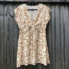 MNG Mango Double Bow Printed Dress Tan White Dolman Sleeve Leaf Print