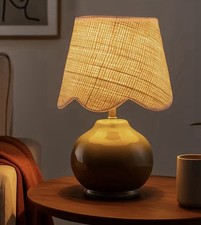Image of Green Glazed Ceramic Table Lamp Speckled Base Wavy Cream Shade Living Room Light