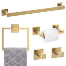 Gold Modern Brushed Metal Bathroom Accessory Set, 5 Piece, Wall Mounted