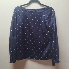 Banana Republic Navy Blue Bell Sleeve Dot Print Satin Blouse XS Boat Neck Top