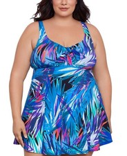 Women's Swim Solutions Plus Size Flirty Tropical Tummy-Control Swim Dress New