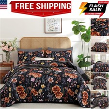 Black Quilt Set Queen Size, 3 Piece Red Botanical Floral Leaves Pattern Beddi...