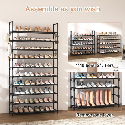 10 Tier Shoe Rack Tall Large Capacity Wide Shoe Organizer with Two Hooks Stur...