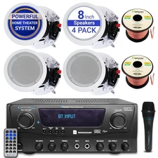 Home Theater Sound System Kit 1K W Bluetooth Amplifier 4/QTY 8" Ceiling Speakers