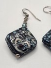 Artisan Lampwork Glass Dangle Earrings Blue Black Floral Swirl Handmade — photo 2