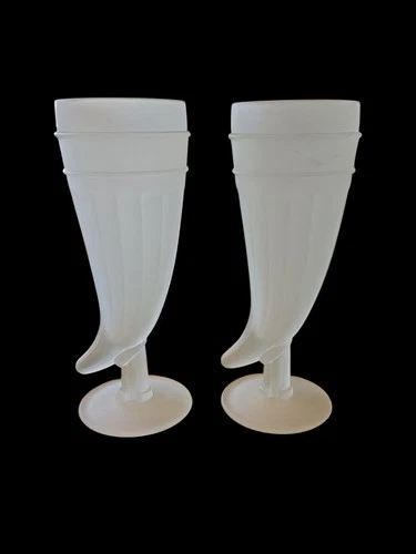 2 VTG Tiara Satin Frosted Indiana Glass Viking Horn Beer Mug White Frosted 8"