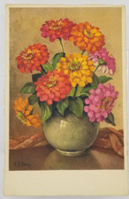FLOWERS VASE Artist H.S. Berg c1943 Vintage Postcard