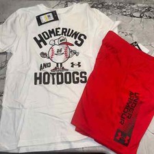 Under Armour Boys Youth Medium 10/12 Outfit Set Home Run Hot Dogs Red White