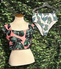 Tropical Bikini Swimsuit Floral Multicolored Pink White Green Junior XL 2 Piece