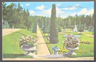 Vintage 1940s Sunken Garden Manito Park Spokane WA Linen Postcard