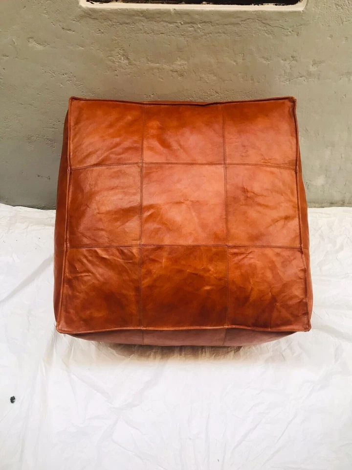 New Handmade Square Vintage Natural Unstuffed 30'' Pouffe Moroccan Leather - Image 4 of 4