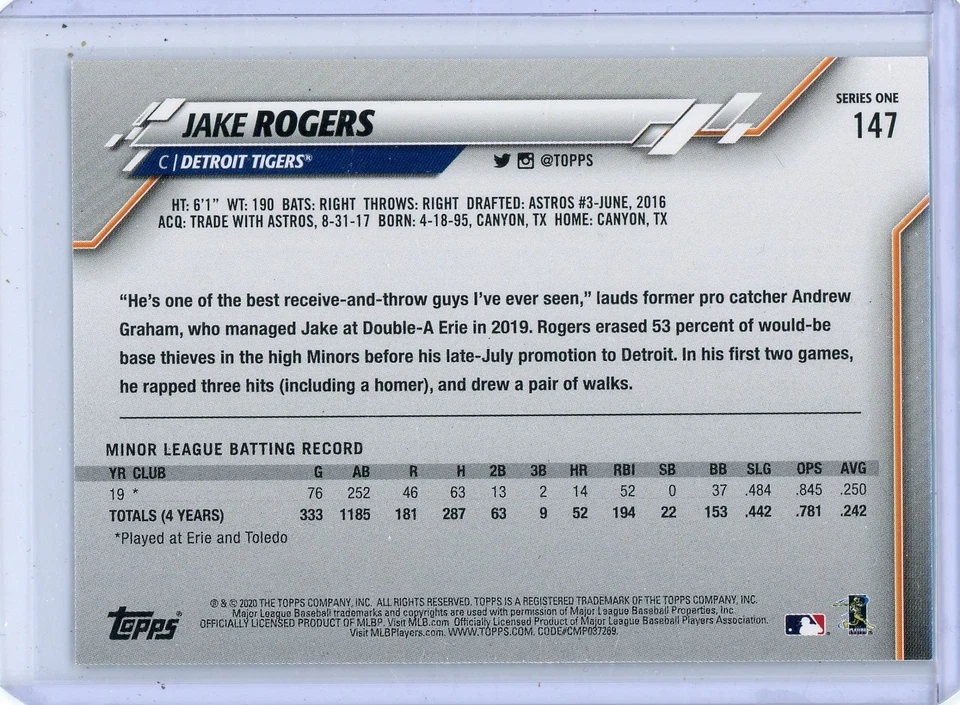 2020 Topps Series 1 Jake Rogers Detroit Tigers Rookie Gold Foil Card #147 - Image 2 of 2