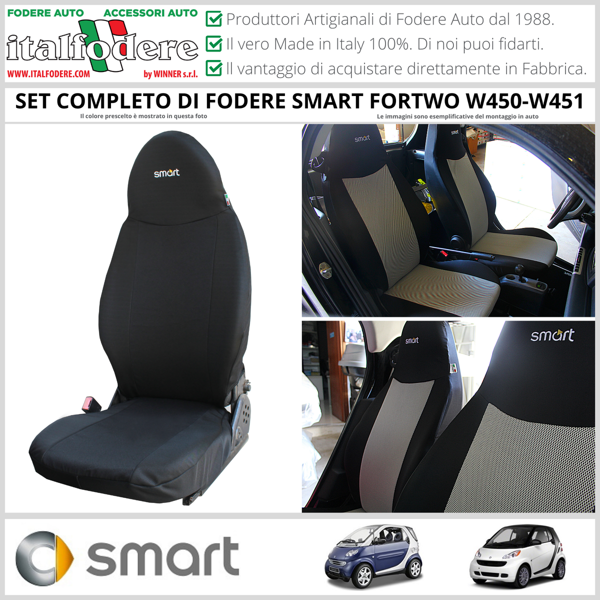 Coprisedili Auto Rebeca Shop Per Smart | Set Anteriori 4 Pezzi | Nero/Beige | Made In Italy | Tessuto Elasticizzato - Foto 5