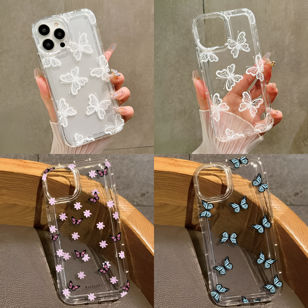 Elegant White Blue Pink Butterfly Stylish Phone Case For iPhone 13/14/15 Pro Max Elegant White Blue Pink Butterfly Stylish Phone Case For iPhone 13/14/15 Pro Max