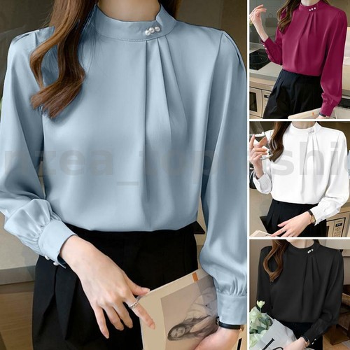 Women Silky Satin Blouse Long Sleeve 