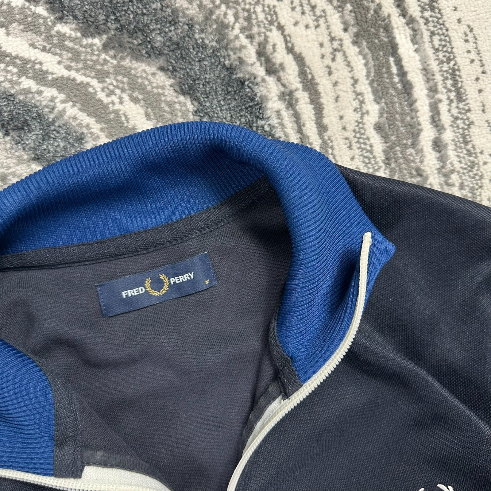 VTG Fred Perry Navy Blue Stripe Size Medium Funnel Neck Tracksuit Track Jacket image 3