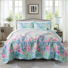 Quilt Set - King Size Floral Quilts, 3-Piece Microfiber Coverlets, Lightweight A