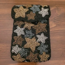 Vtg Neiman Marcus Star Beaded Evening Clutch Phone Case Snap Closure Black Gold 