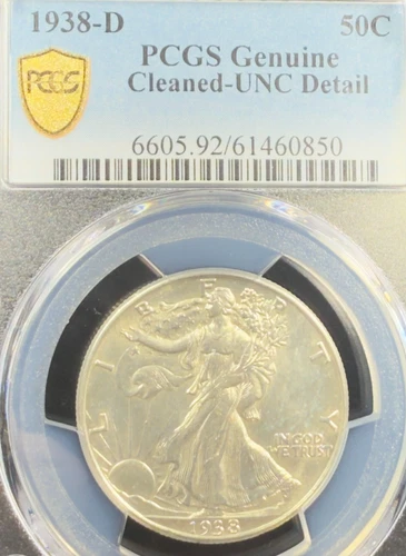 1938 D SILVER WALKING LIBERTY HALF DOLLAR PCGS GENUINE UNCIRCULATED DETAIL