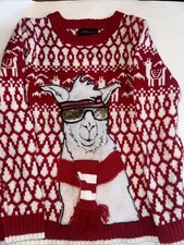 Ugly Christmas Sweater Llama Sunglasses Red Kids M Medium 10-12 Blizzard Bay