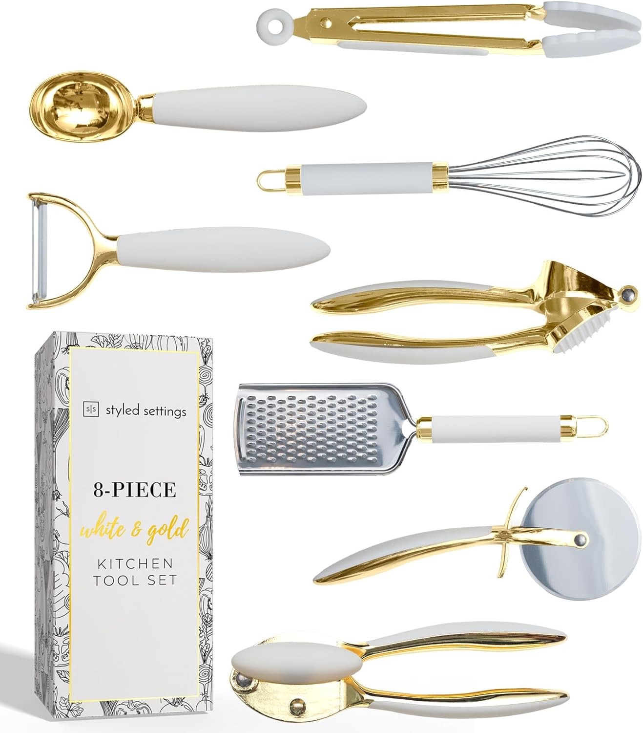 White & Gold 8-Piece Cooking Utensil Set with Can Opener, Tongs, Garlic Press-image