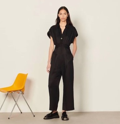 SANDRO Tenerife Jumpsuit EU 36 US 4 Short Sleeve Pleated V Neck Black