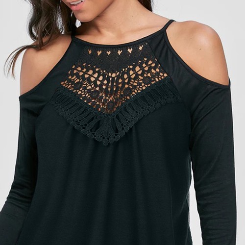 Women Lace Boho Cold Shoulder Tunic Tops T-Shirt Long Sleeve Casual Loose Blouse - Picture 6 of 16