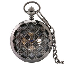 Black Hollow Out Rhombus Unisex Manual Mechanical Pocket Watch Pendant Chain