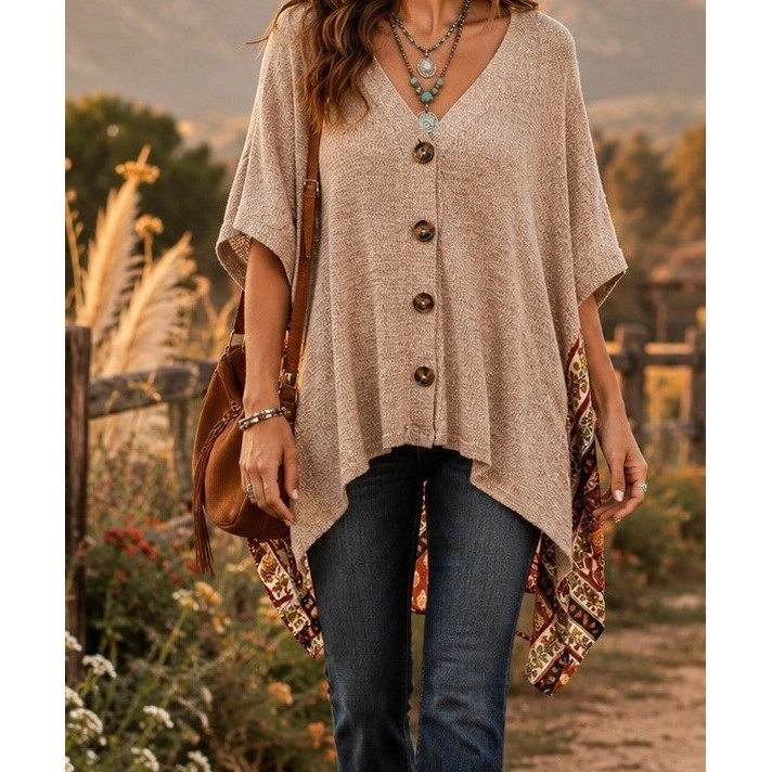 Boho Knit Poncho Top Beige Paisley Back Oversized Bohemian XL Button Front
