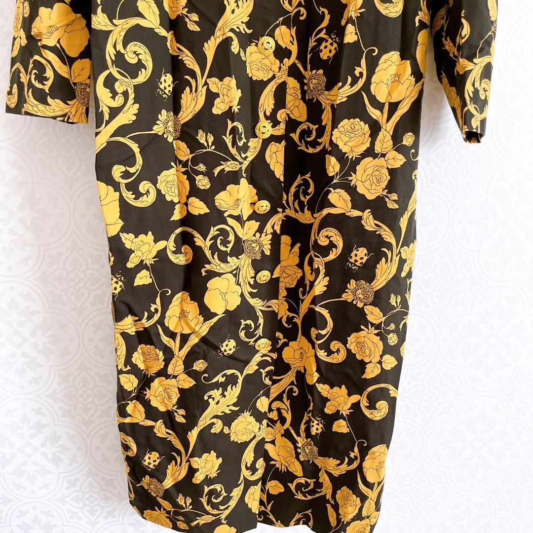 USED VERSACE LONG SLEEVE SHIRT DRESS, FREE SIZE, BLACK & YELLOW, FLORAL PRINT, thumbnail 5
