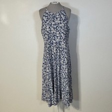 CHAPS Blue White Floral Halter Midi Dress Women’s XL Cotton Pockets Tie Back