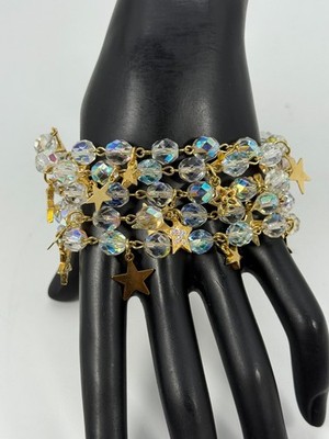 Kirk s Folly Five Multi Strand Beaded Bracelet AB Crystals Stars Moon Gold Tone