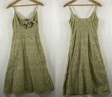 Womens Eyelet Tie Front Fit Flare Midi Dress Sz XS Preppy Cottage Picnic Cotton