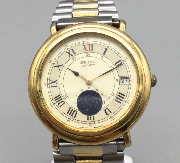 Vintage Seiko Moonphase Watch 34mm Two Tone Roman Date GF22-6050