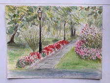 Vintage Watercolor Painting Flowers Garden Path Americana Landscape 13 x 10 OOAK