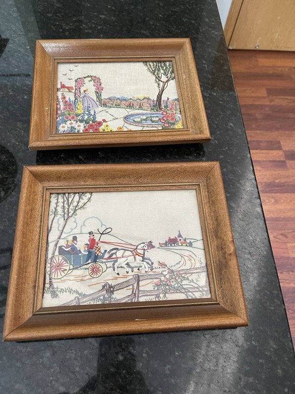 Antique handmade framed embroidery, carriage and horses, English country scene.
