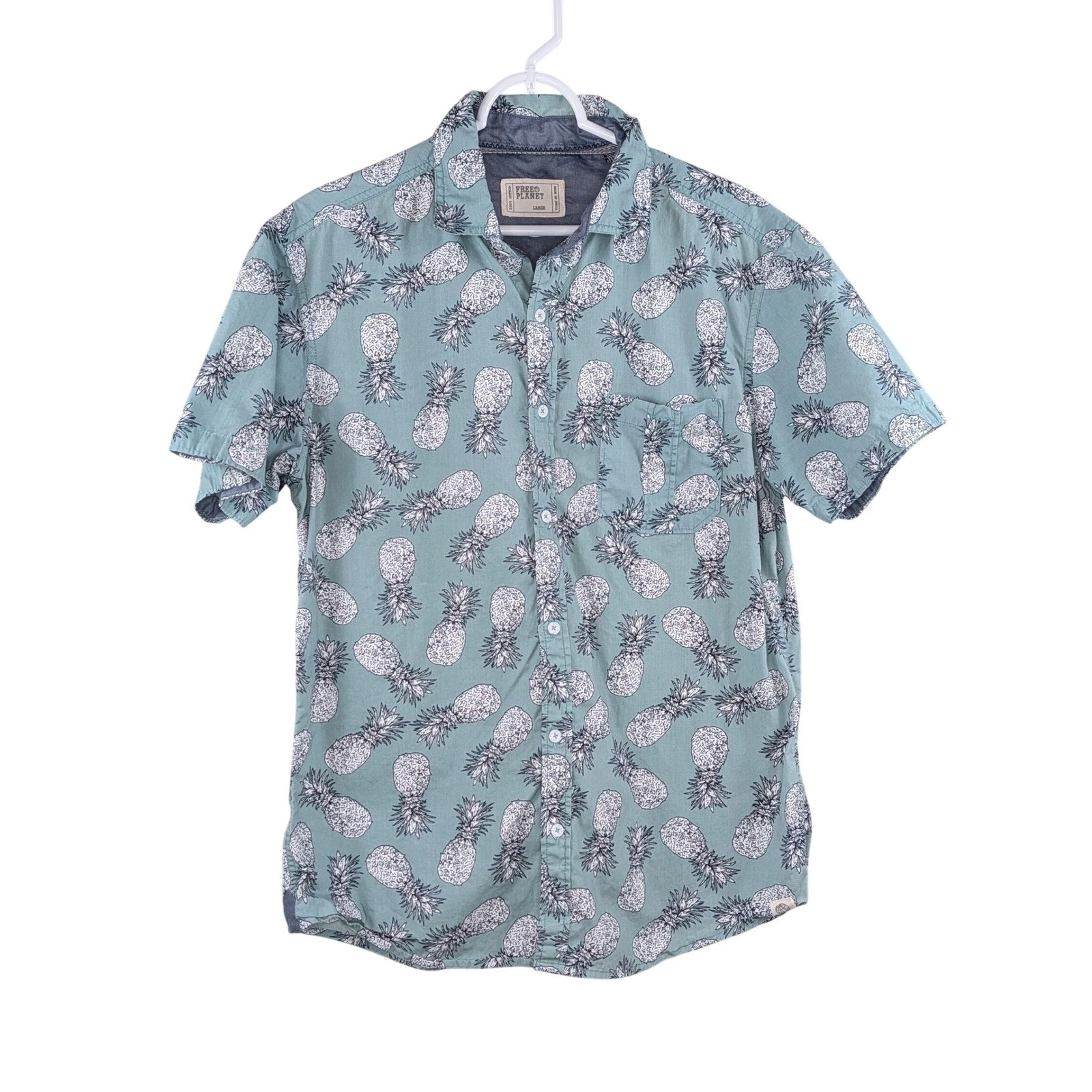 Free Planet Button Down Short Sleeved Shirt Mens L Pineapple Tropical Coastal