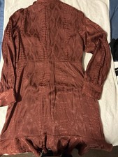 Express Rust Satin Animal Print Knee Length A-Line Dress Tie Neck Long Sleeve M