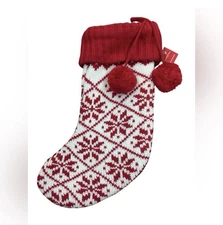 Wondershop Target KNIT RED & WHITE SNOWFLAKES CHRISTMAS STOCKING POM POM 19"