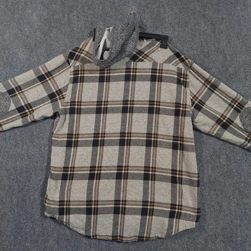 Carbon2Cobalt Hooded Shirt Jacket Mens Large Tan Black Plaid Elbow Patches image 2