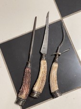 Vintage Stag Antler Carving Cutlery Set Of 2 Fork & And Knife Sharpener Unique