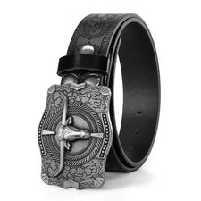 Western Cowboy-Belts for Men Women Big-Buckle Longhorn-Bull PU-Leather Rodeo ...