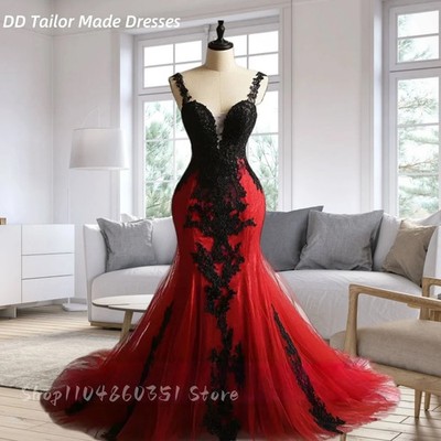 Victorian Gothic Dress Red And Black Dresses For Women Gothic Red Black  Mermaid WeddingDress Lace Appliques Spaghetti Straps Sweetheart