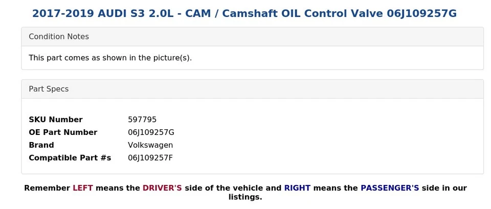 2017-2019 AUDI S3 2.0L - CAM / Camshaft OIL Control Valve 06J109257G - Image 3 of 4