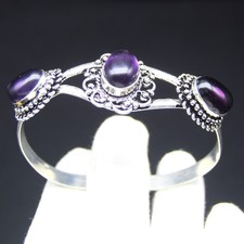 Purple Amethyst Gemstone Cuff Bracelet Bangle 925 Sterling Silver Jewelry ADJ 8"