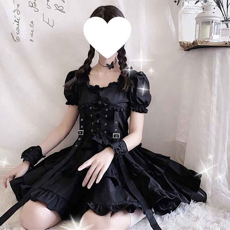 Women Gothic Lolita Dress Japanese Style Fashion Black Goth Clothes Kawaii  Girl