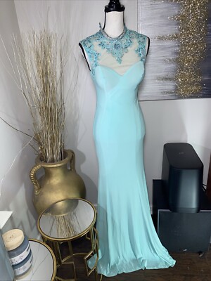 Xcite Evening Dress Formal Gown Teal Blue Rhinestone Ball Prom Gala Wedding Sz 4