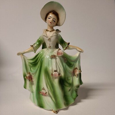Porcelain Figurine Victorian Lady Green Dress Hat Pink Flowers 8 