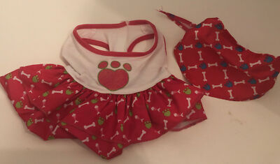 Build A Bear Workshop Pink and White Paw Print Bone Dress Matching Bandanna
