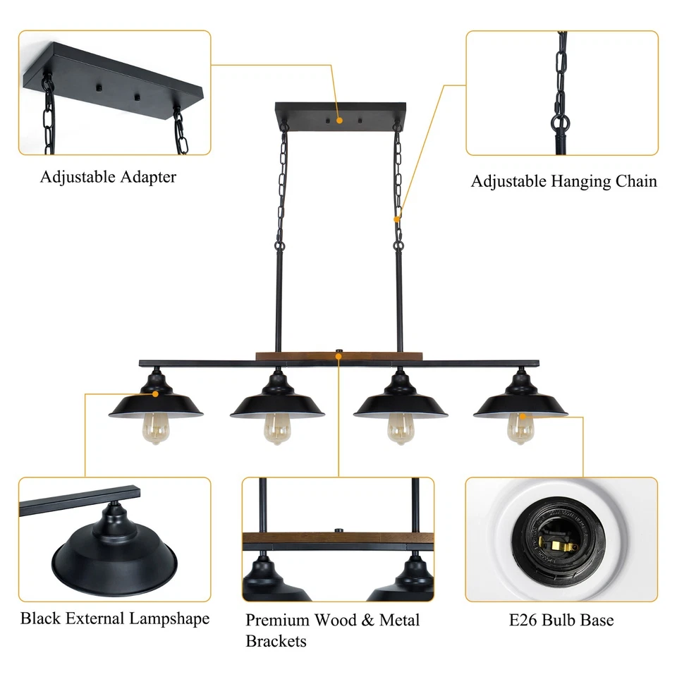 Moderna 4 Luces Lámpara Colgante Lineal Negra, Luz Isla Cocina Granja 44 pulgadas Foto 2 de 4